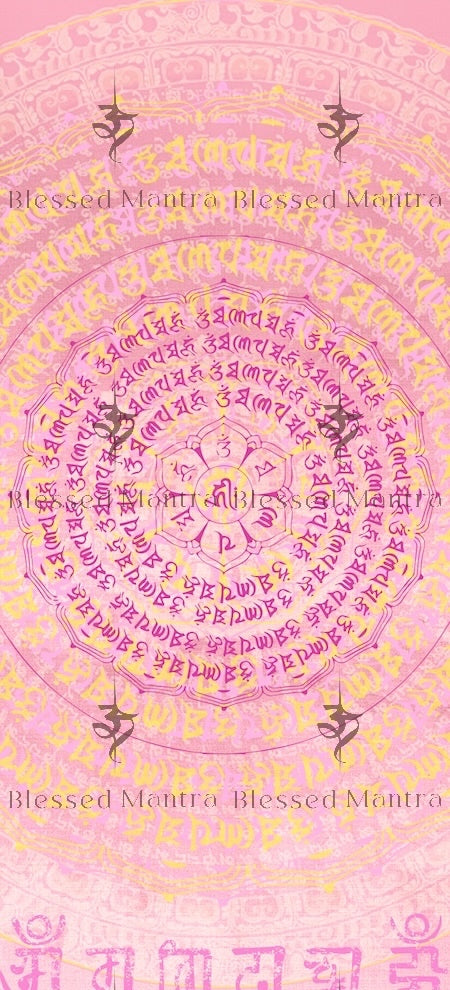 Pink mandala wallpaper with Sanskrit mantra, Unalome symbols, and floral motif. Blessed mantra for purification & protection. Buddhist prayer.