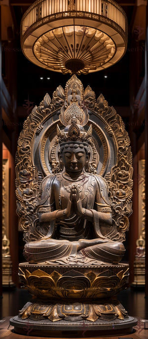 Serene wooden Samantabhadra Bodhisattva statue in prayer, illuminated by soft light. Gold accents and ornate halo create a reverent, artistic Buddhist thangka vibe.