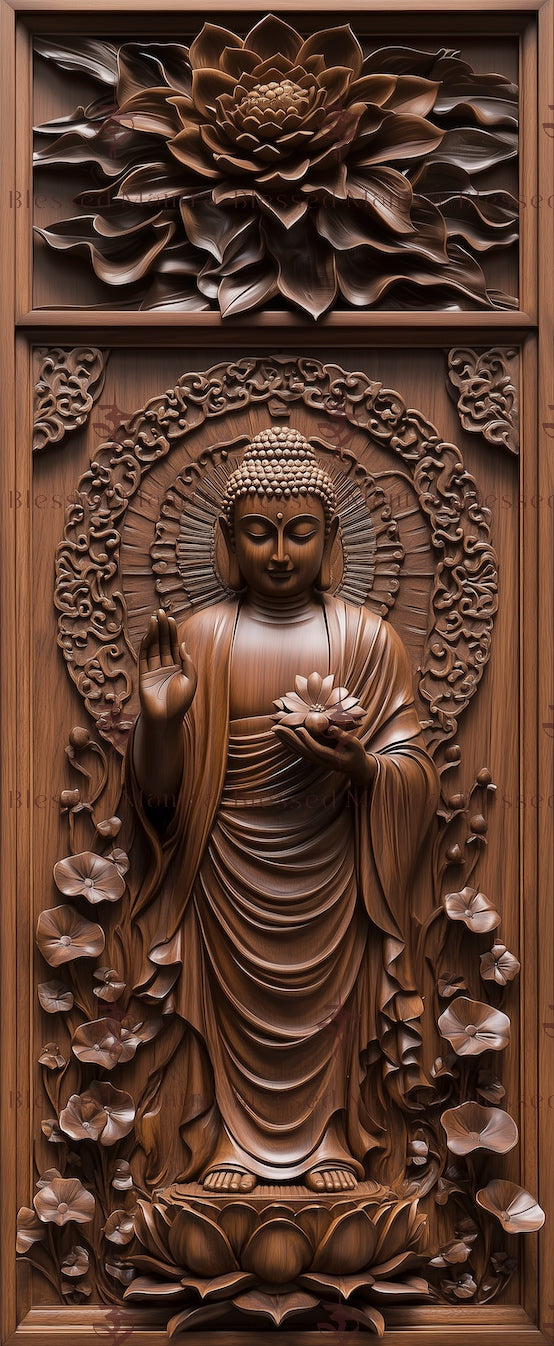 Intricately carved wooden panel depicting Buddha within a lotus frame. Brown hues highlight the detailed traditional Tibetan Buddhist art.