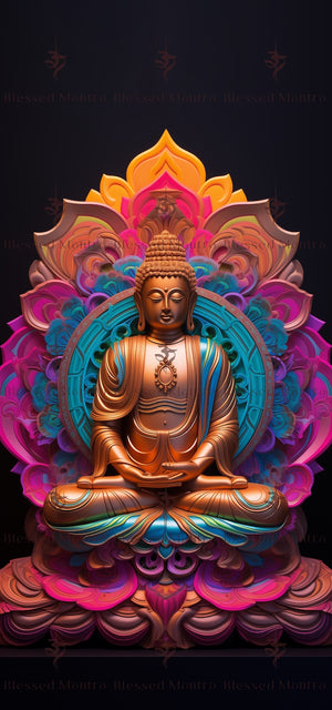 Vibrant Buddha in lotus position on ornate mandala. "Blessed Mantra" wallpaper. Buddhist thangka art in pink, orange, blue, and green.