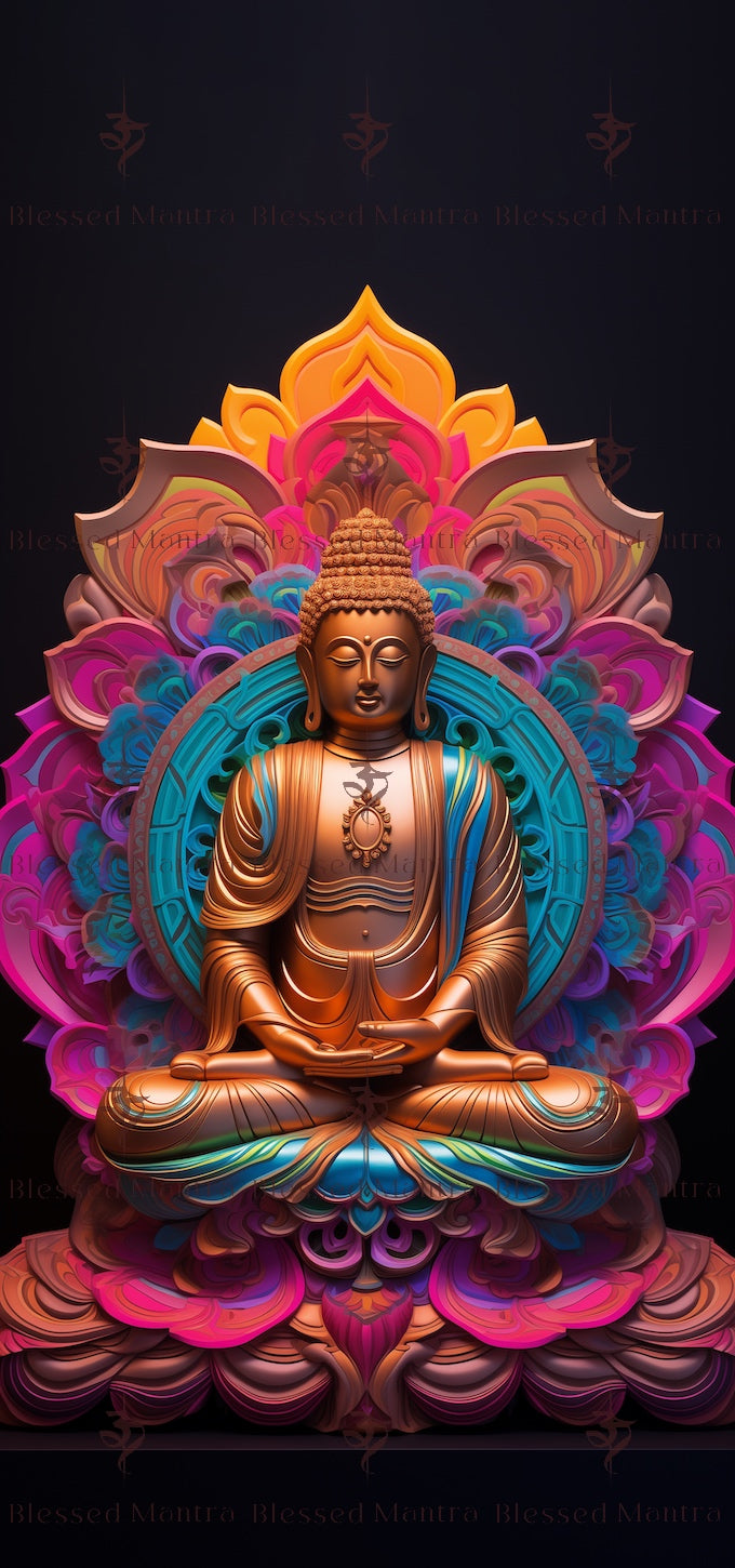 Vibrant Buddha in lotus position on ornate mandala. "Blessed Mantra" wallpaper. Buddhist thangka art in pink, orange, blue, and green.
