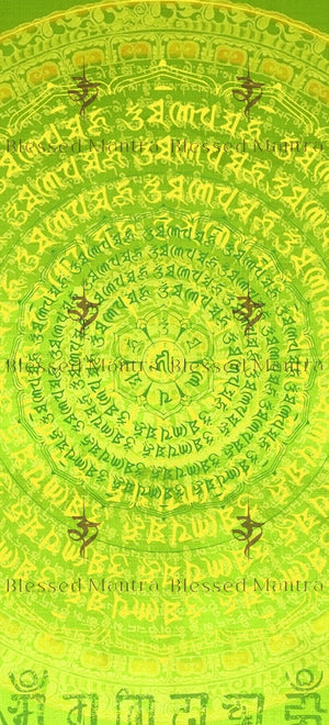 Lime green mandala wallpaper with blessed mantra in concentric circles. Spiritual and patterned design for purification & protection. Buddhist meditation.