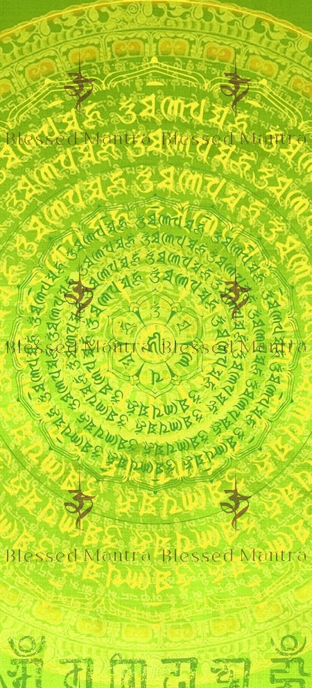 Lime green mandala wallpaper with blessed mantra in concentric circles. Spiritual and patterned design for purification & protection. Buddhist meditation.