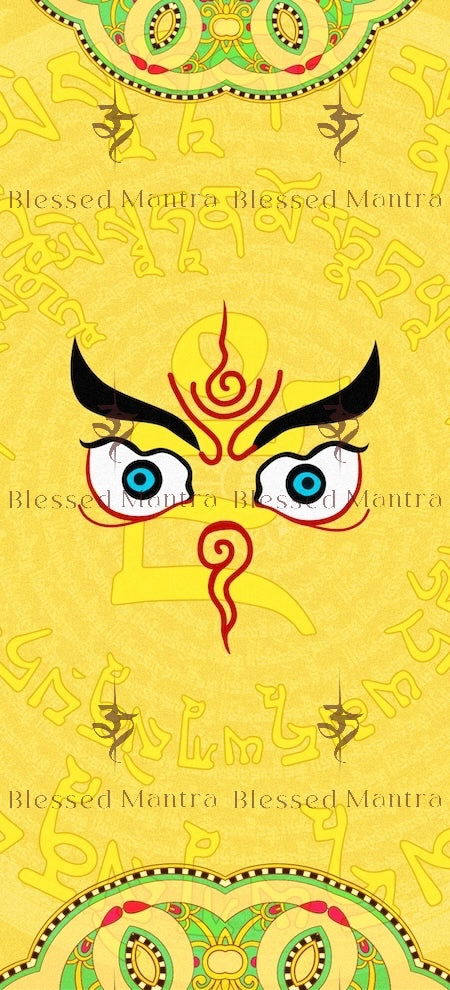 Vibrant yellow Jambhala mantra artwork with Tibetan script, ornate details, and a stylized face. Promotes wealth & abundance.