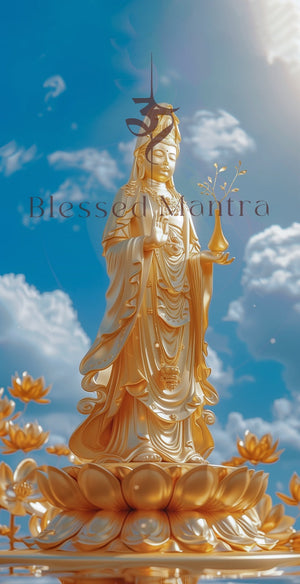 Serene golden Guanyin statue on lotus pedestal, with "Blessed Mantra" & Om symbol. Buddhist thangka art evoking compassion and healing.