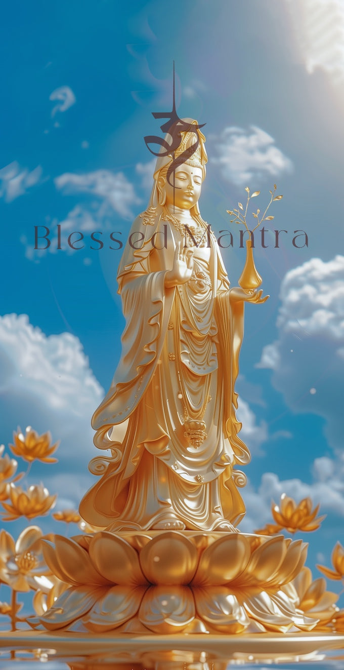 Serene golden Guanyin statue on lotus pedestal, with "Blessed Mantra" & Om symbol. Buddhist thangka art evoking compassion and healing.
