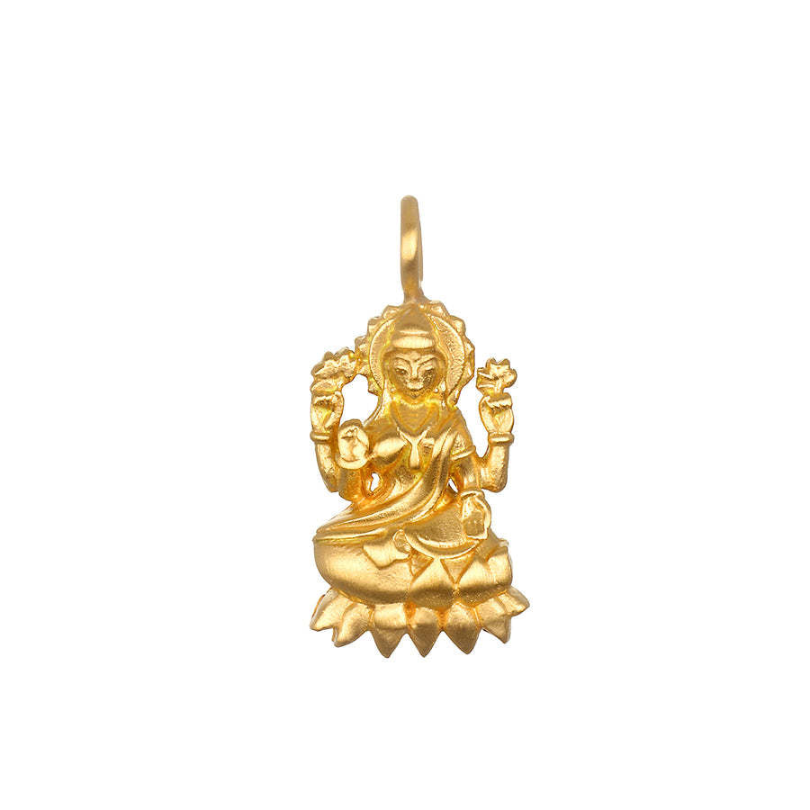 Golden Goddess Lakshmi charm for prosperity. Intricate pendant depicting the Hindu goddess of abundance seated on a lotus. Sacred jewelry.