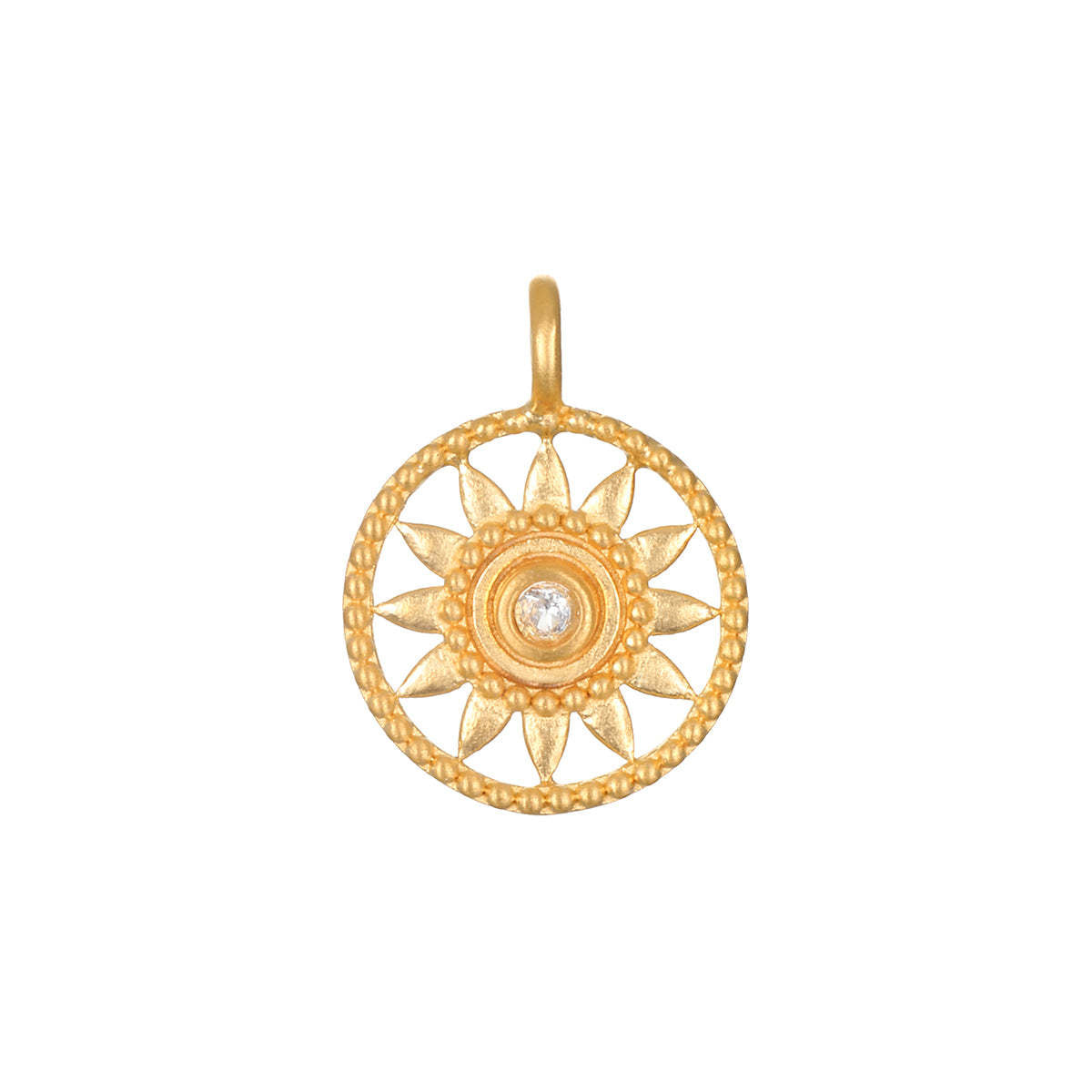 Gold sun charm pendant with gemstone center. Symbol of vitality, leadership & life from the Sacred Charm Collection. Perfect for red string bracelet.