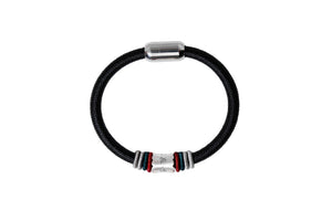 Black braided Tibetan bracelet with silver Om Mani Padme Hum mantra bead and colorful accents on white background.